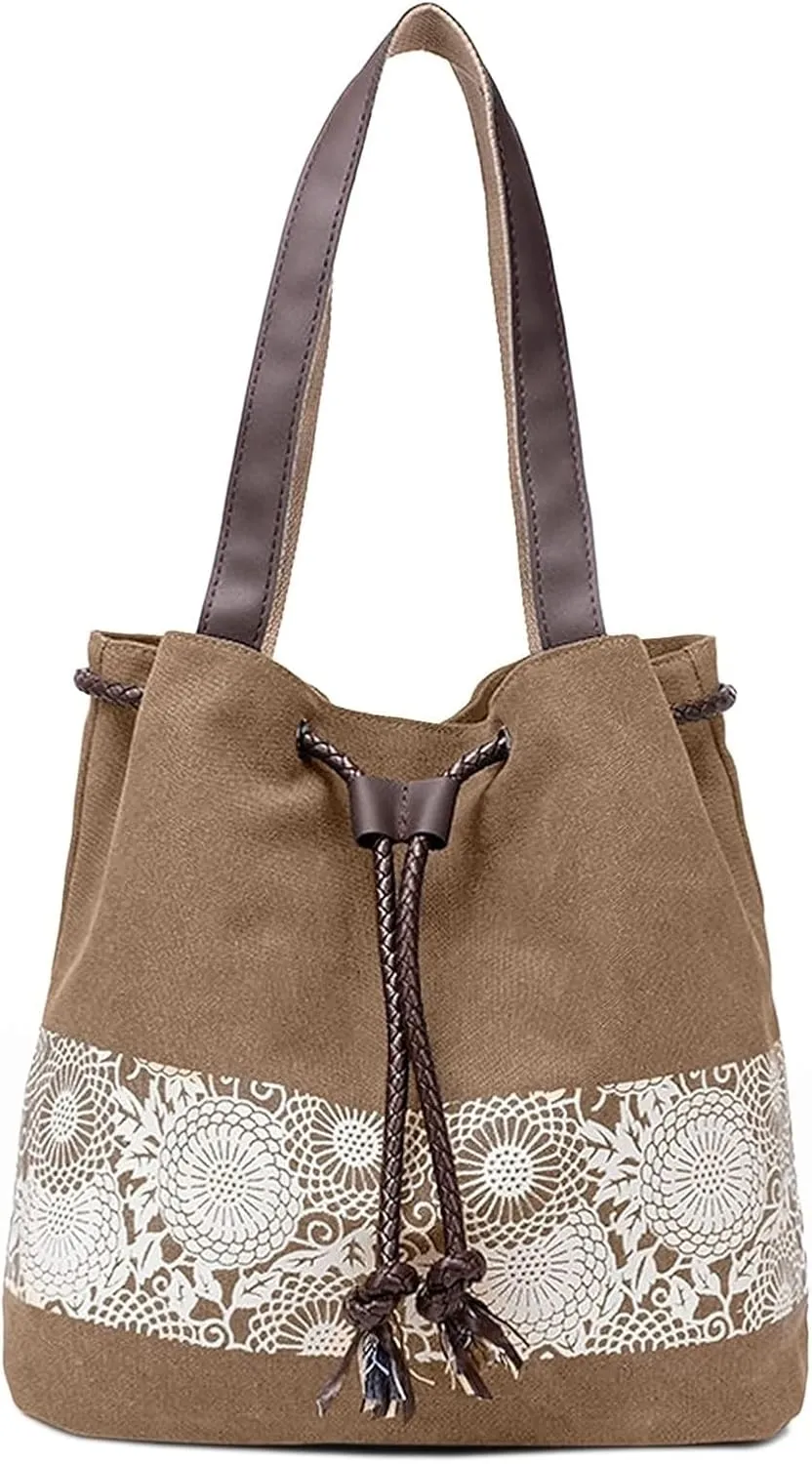 Womens Canvas Handbag Ladies Shoulder Bags Top Handle Bags Drawstring