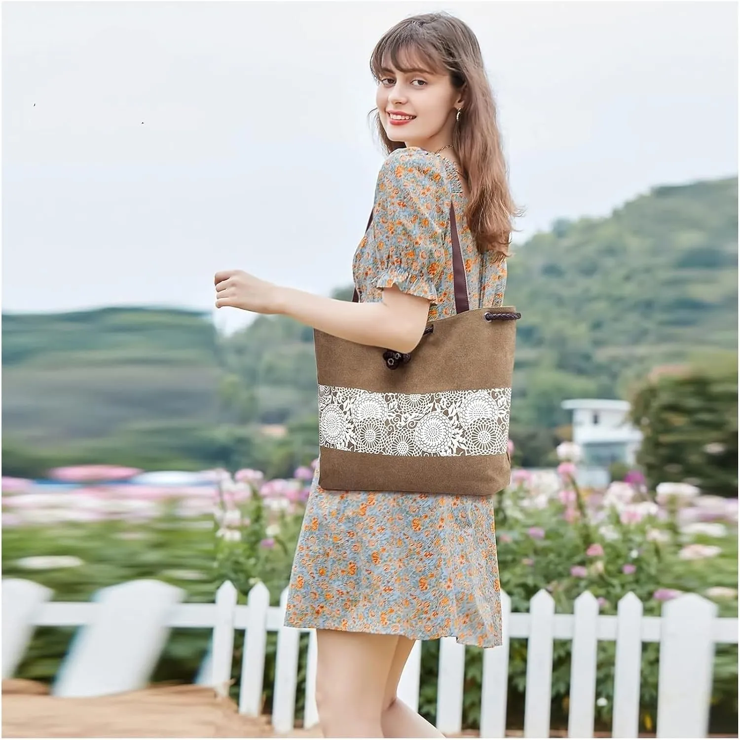 Womens Canvas Handbag Ladies Shoulder Bags Top Handle Bags Drawstring