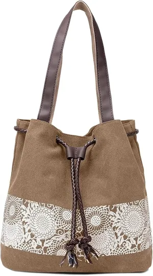 Womens Canvas Handbag Ladies Shoulder Bags Top Handle Bags Drawstring