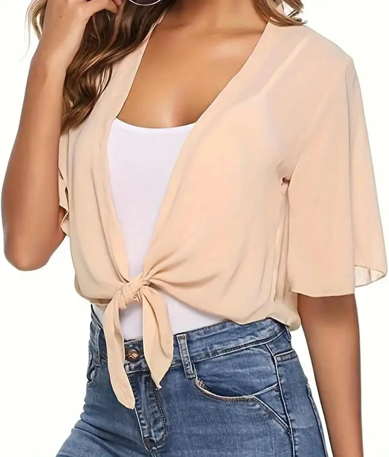 Women's Chiffon Cropped Bolero Sheer Shrugs for Dress Short Sleeve Tie Front Cardigan