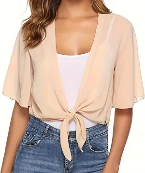 Women's Chiffon Cropped Bolero Sheer Shrugs for Dress Short Sleeve Tie Front Cardigan