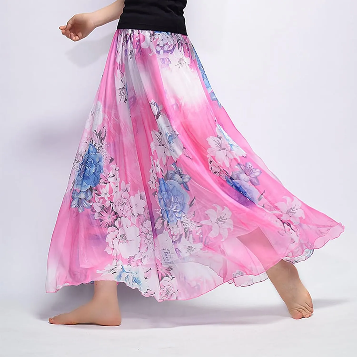 Women's Chiffon Floral Boho Skirts Flowy Double-Layered Mesh Maxi Skirt Elegant Pleated A-Line Long Beach Skirts