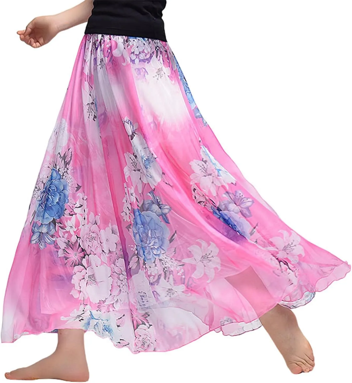 Women's Chiffon Floral Boho Skirts Flowy Double-Layered Mesh Maxi Skirt Elegant Pleated A-Line Long Beach Skirts