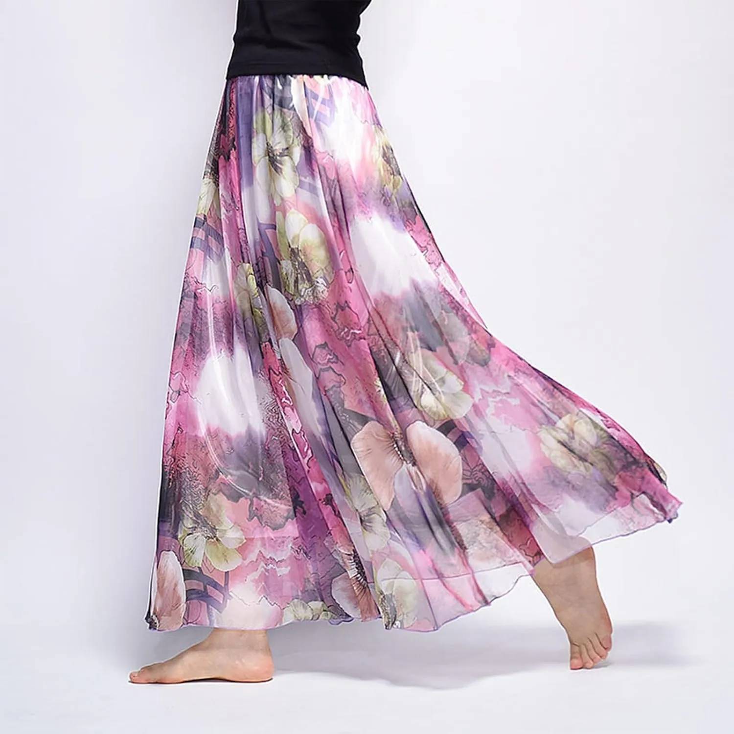 Women's Chiffon Floral Boho Skirts Flowy Double-Layered Mesh Maxi Skirt Elegant Pleated A-Line Long Beach Skirts
