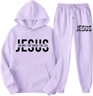 Women's Cute Pink Graphic Christian Sweatsuits 2 Piece Outfit Sets Long Sleeve Hoodie with Pocket and Pants Tracksuit