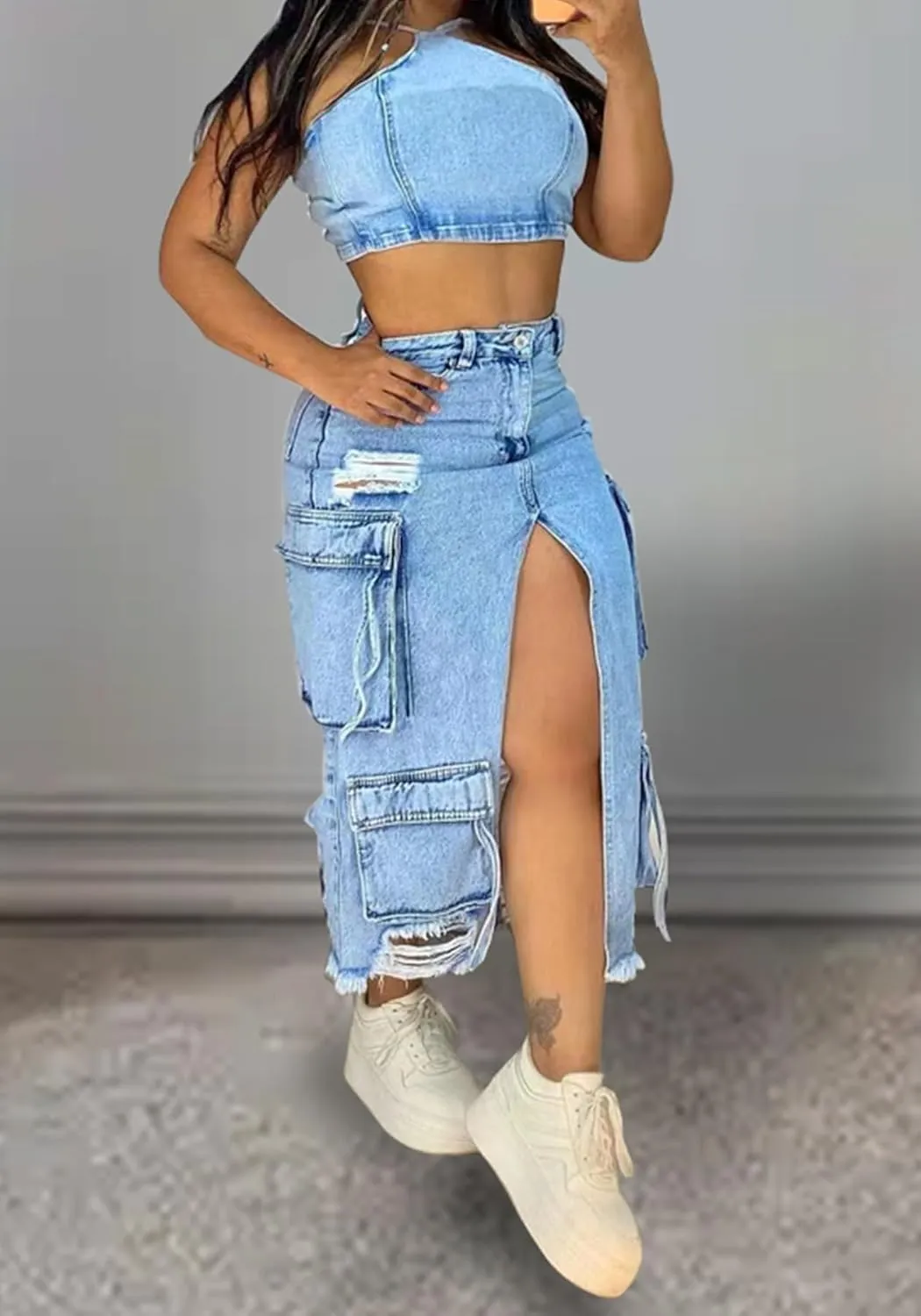 Women's Denim Skirt Slit Front Long Cargo Jean Skirts Ripped Y2k Jean Maxi Skirts