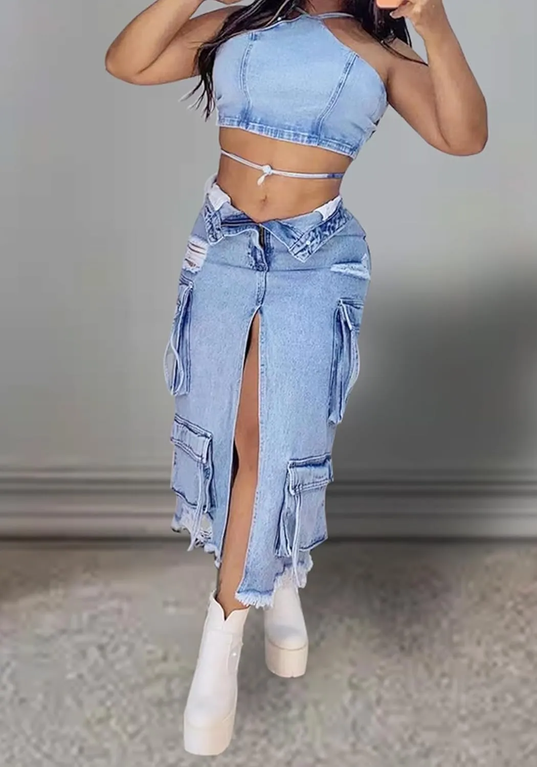 Women's Denim Skirt Slit Front Long Cargo Jean Skirts Ripped Y2k Jean Maxi Skirts