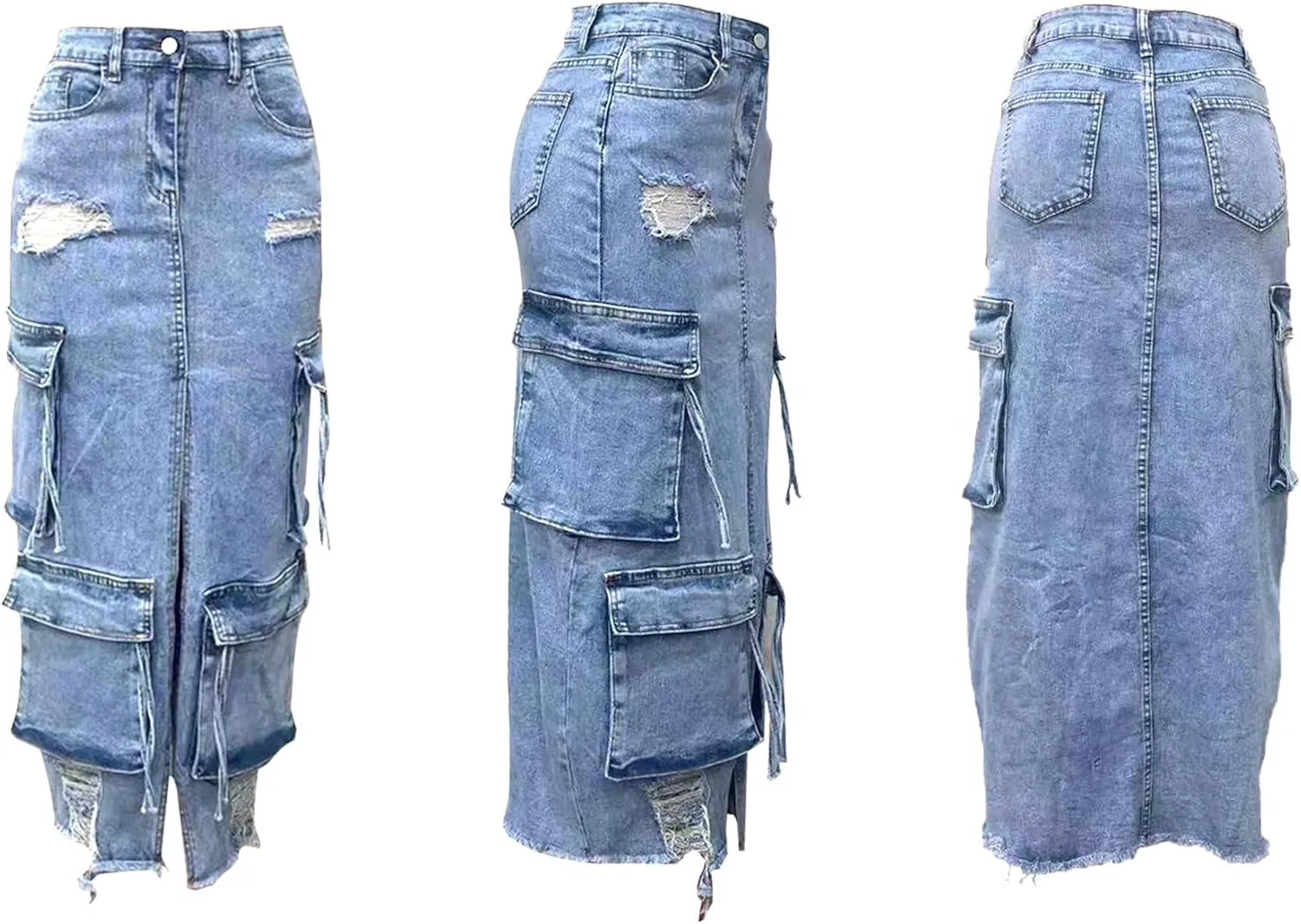 Women's Denim Skirt Slit Front Long Cargo Jean Skirts Ripped Y2k Jean Maxi Skirts