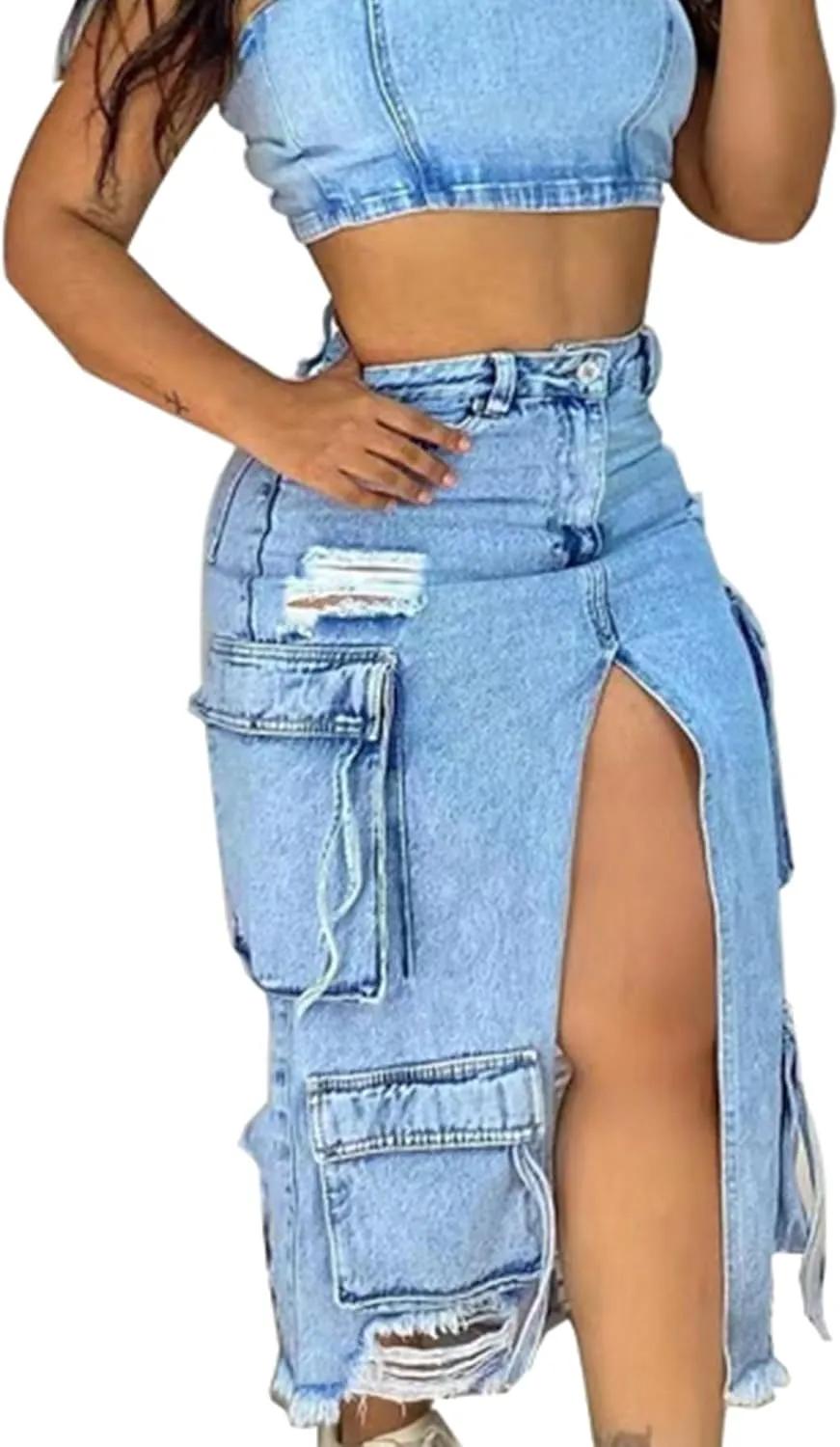Women's Denim Skirt Slit Front Long Cargo Jean Skirts Ripped Y2k Jean Maxi Skirts