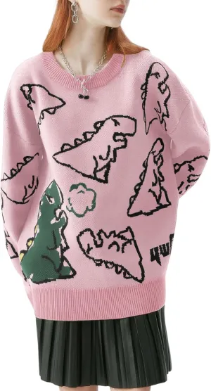 Women's Dinosaur Graphic Sweaters Cartoon Kwaii Knit Crewneck Long Sleeve Oversized Pullover Jumpers