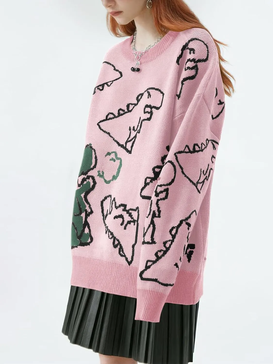 Women's Dinosaur Graphic Sweaters Cartoon Kwaii Knit Crewneck Long Sleeve Oversized Pullover Jumpers