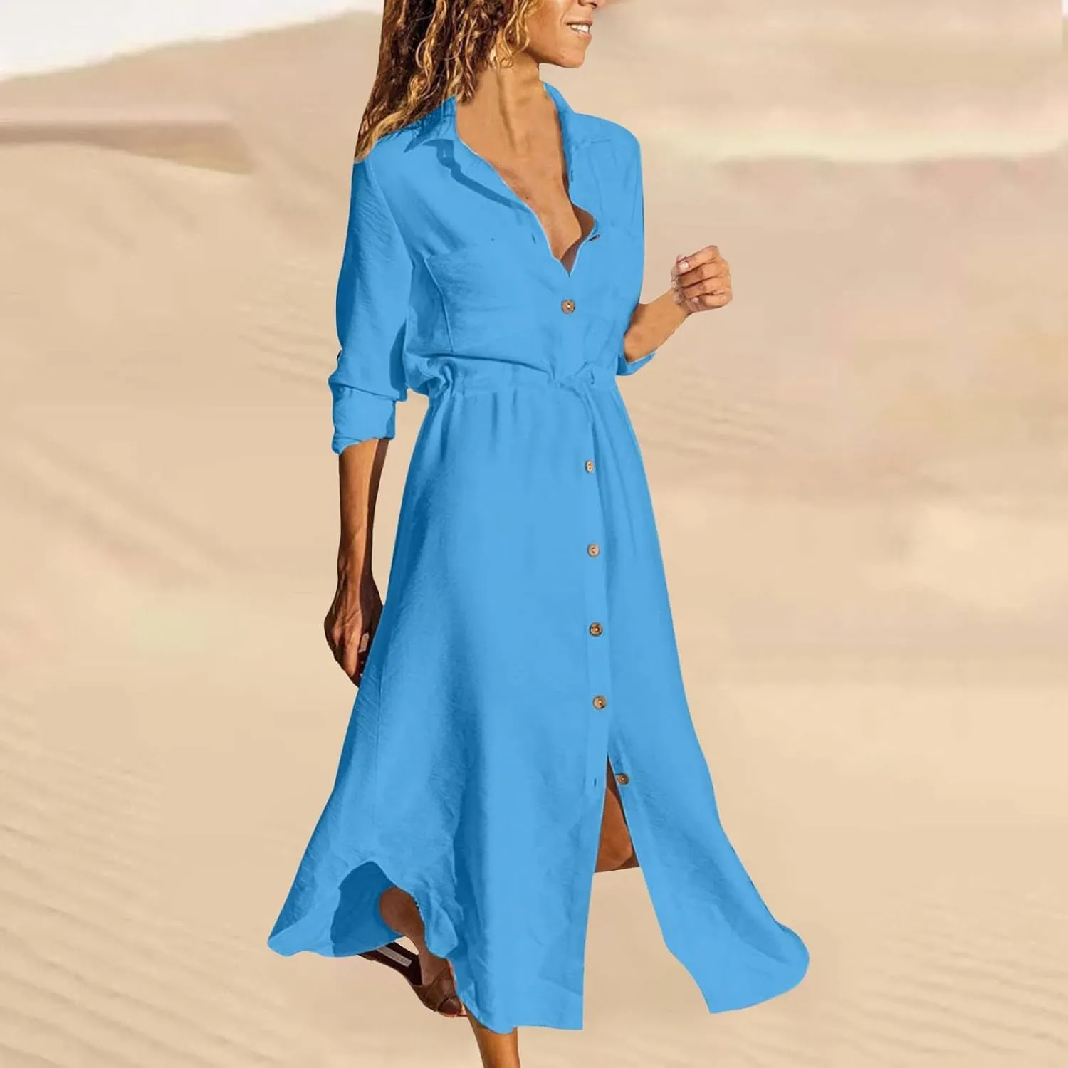 Womens Dress Summer Casual Short Sleeve Button Down Shirt Dresses Beach Cover Up Sundress with Pockets