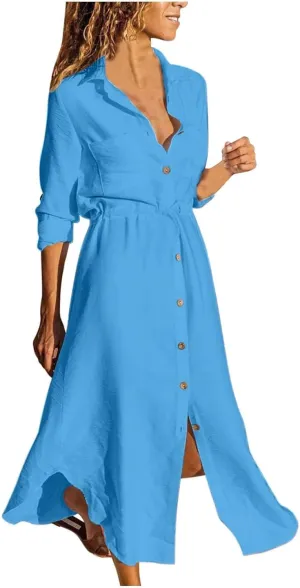 Womens Dress Summer Casual Short Sleeve Button Down Shirt Dresses Beach Cover Up Sundress with Pockets