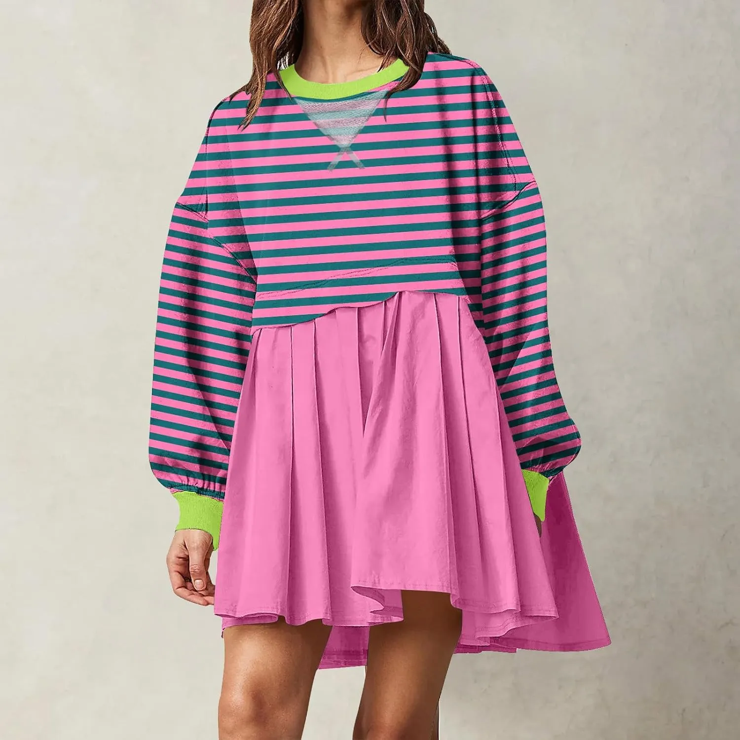 Women's Dresses Casual Oversized Sweatshirts Long Sleeve Crewneck Patchwork Pleated Pullover Mini Dress Fall Dress