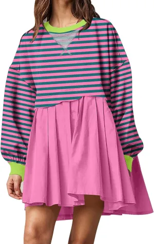 Women's Dresses Casual Oversized Sweatshirts Long Sleeve Crewneck Patchwork Pleated Pullover Mini Dress Fall Dress