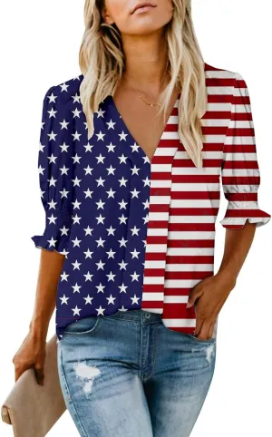 Women's Dressy Smocked Sleeve Deep V Neck Red White Blue American Flag Patriotic Blouses