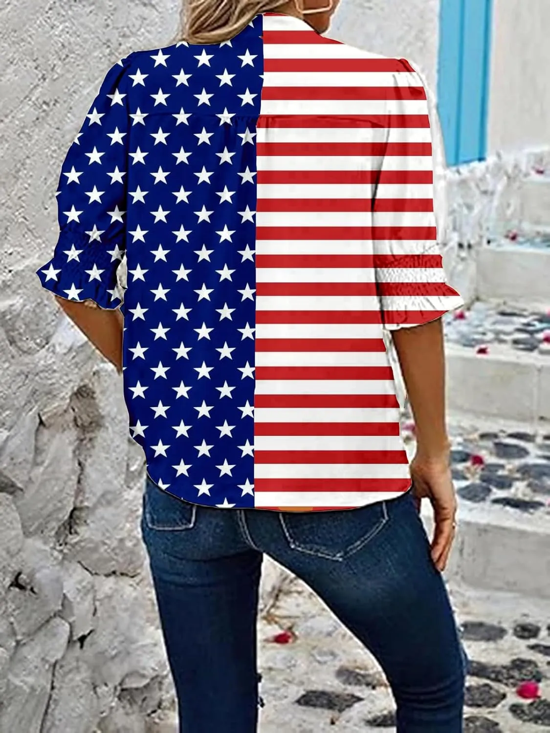 Women's Dressy Smocked Sleeve Deep V Neck Red White Blue American Flag Patriotic Blouses