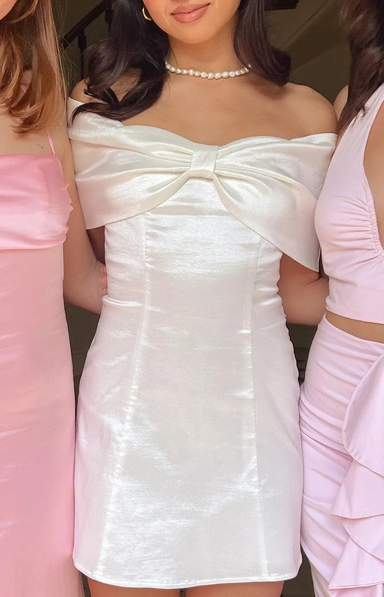 Women's Elegant Satin Off Shoulder Bow Front Mini Dress Stretchy Fitted Bodycon Party Club Cocktail Dress