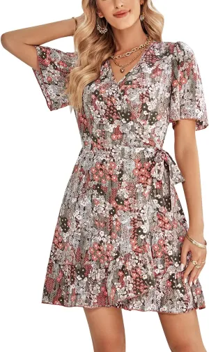 Women's Floral V Neck Summer Short Dress 2023 Spring Summer Ruffle Long Sleeve Floral Print Mini Dress