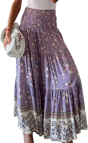 Women's High Waist Bohemian Floral Printed Maxi Skirt Ruffled Flowy Vintage Long Skirt