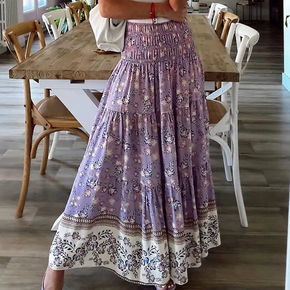 Women's High Waist Bohemian Floral Printed Maxi Skirt Ruffled Flowy Vintage Long Skirt