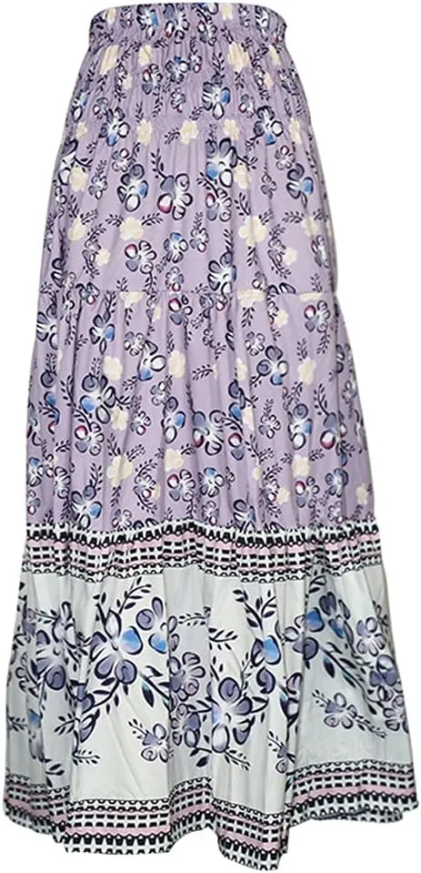 Women's High Waist Bohemian Floral Printed Maxi Skirt Ruffled Flowy Vintage Long Skirt