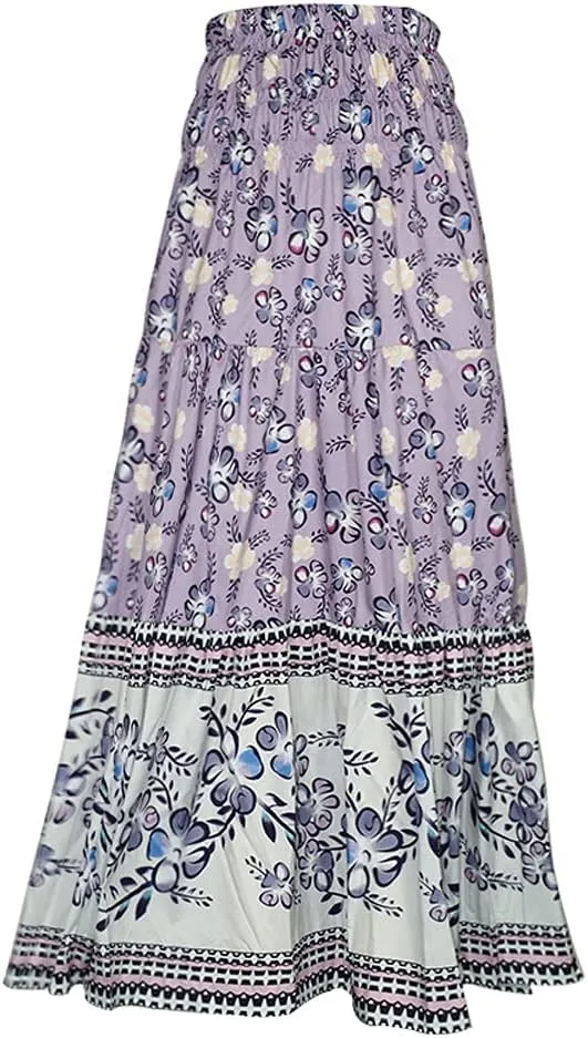 Women's High Waist Bohemian Floral Printed Maxi Skirt Ruffled Flowy Vintage Long Skirt