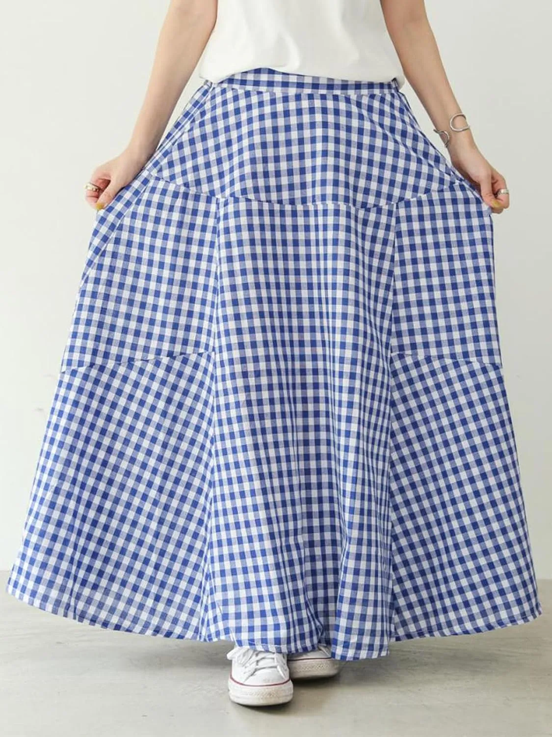 Women's High Waist Plaid Gingham Skirt Casual Cotton Tiered Swing A Line Maxi Skirt