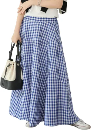 Women's High Waist Plaid Gingham Skirt Casual Cotton Tiered Swing A Line Maxi Skirt