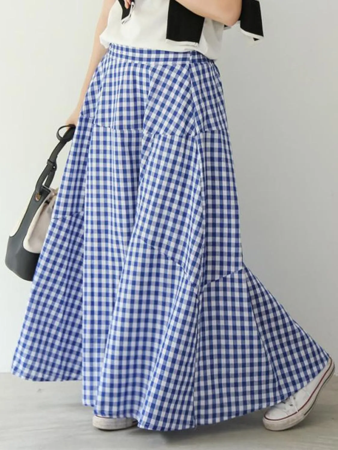 Women's High Waist Plaid Gingham Skirt Casual Cotton Tiered Swing A Line Maxi Skirt