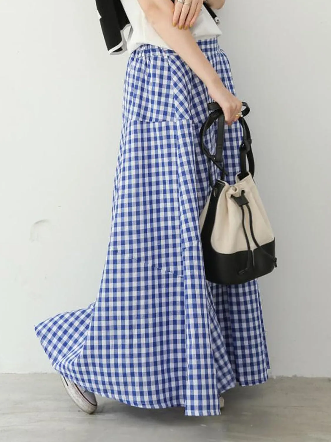 Women's High Waist Plaid Gingham Skirt Casual Cotton Tiered Swing A Line Maxi Skirt