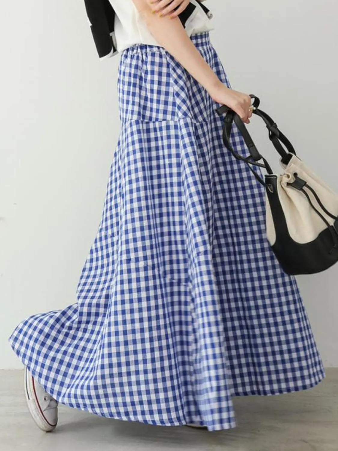 Women's High Waist Plaid Gingham Skirt Casual Cotton Tiered Swing A Line Maxi Skirt