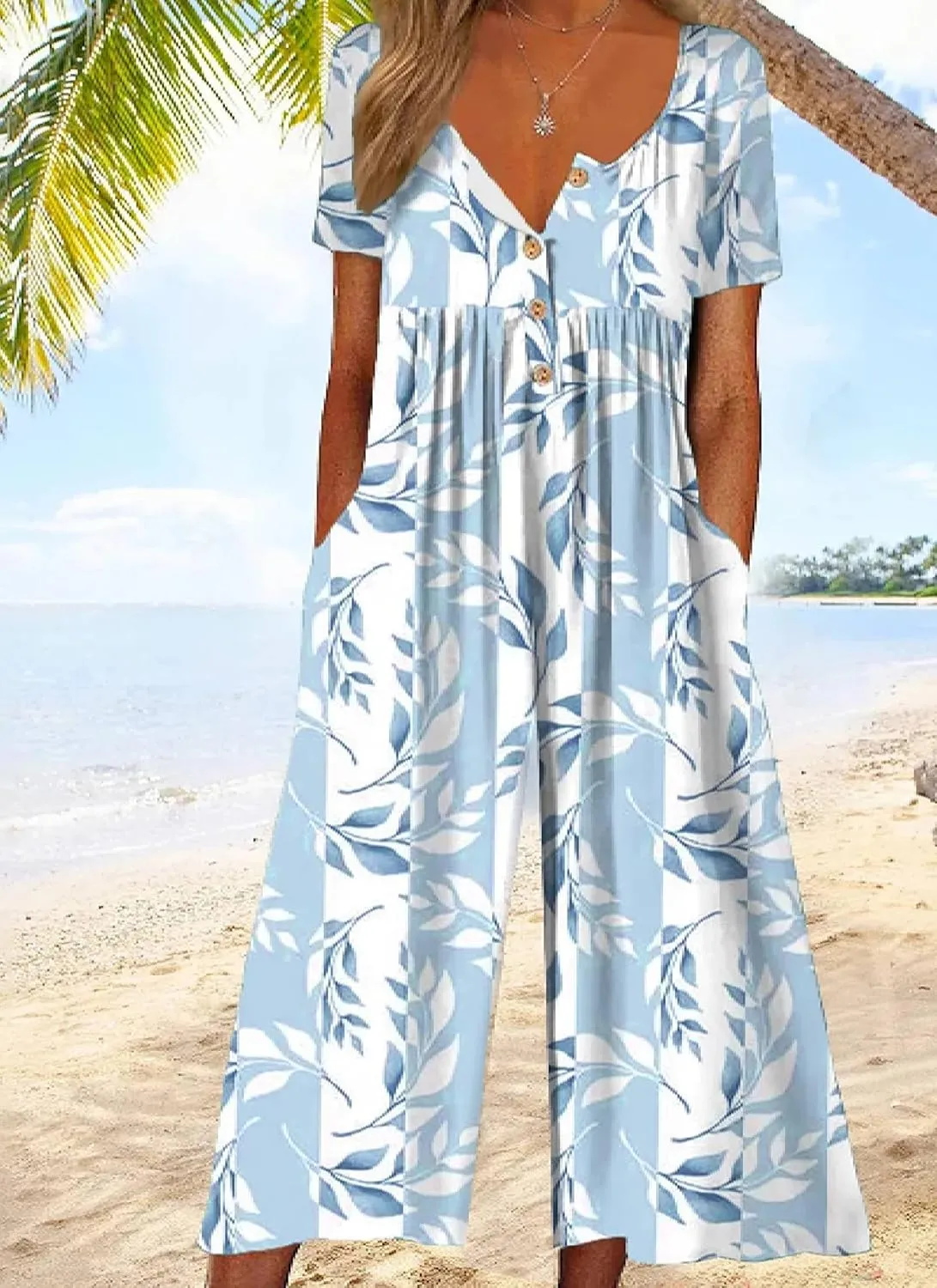 Women's Light Blue Floral Jumpsuits 2025 Spring Short Sleeve Button V Neck and Wide Leg Pant Romper with Side Pockets