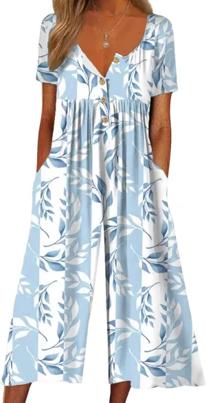Women's Light Blue Floral Jumpsuits 2025 Spring Short Sleeve Button V Neck and Wide Leg Pant Romper with Side Pockets