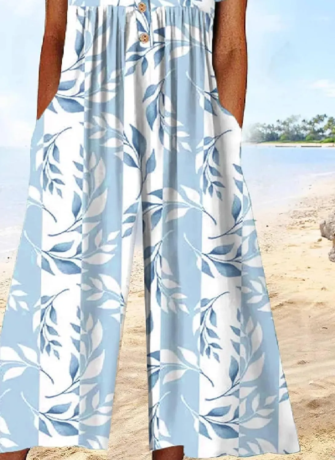 Women's Light Blue Floral Jumpsuits 2025 Spring Short Sleeve Button V Neck and Wide Leg Pant Romper with Side Pockets
