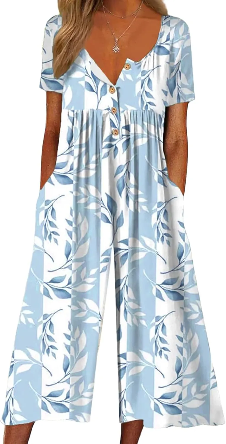 Women's Light Blue Floral Jumpsuits 2025 Spring Short Sleeve Button V Neck and Wide Leg Pant Romper with Side Pockets