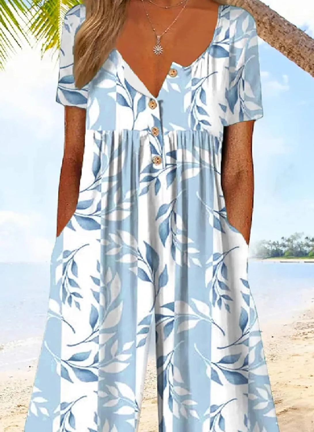 Women's Light Blue Floral Jumpsuits 2025 Spring Short Sleeve Button V Neck and Wide Leg Pant Romper with Side Pockets