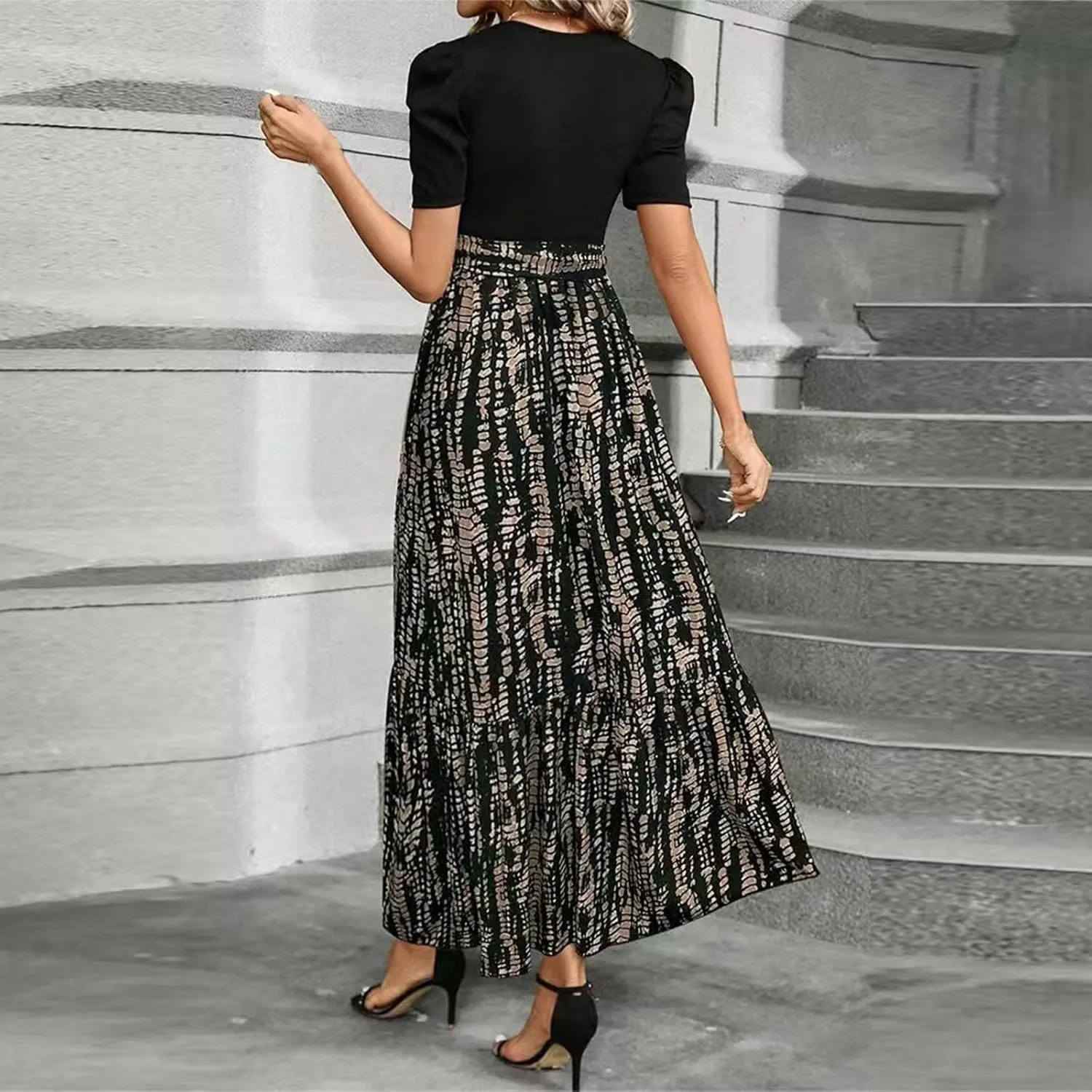 Women's Long Flowy Ruffle Short Sleeve Maxi Dress Floral Printed 2025 Dresses with Pockets Summer Casual Dresses