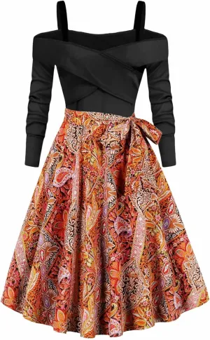 Womens Long Sleeve Floral Dress Sexy Elegant Off Shoulder Ruffle Pleated Causal Dress Funny Floral Print Fall Dresses