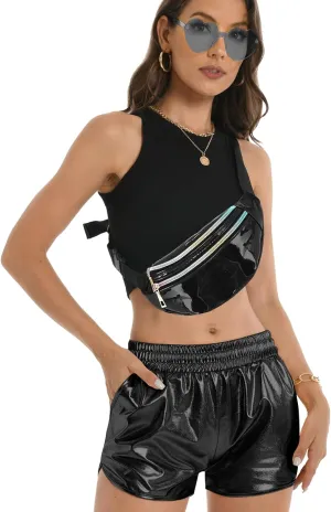 Women's Metallic Shorts Hot Sparkly Rave Shiny Short Elastic Waist Yoga Short Pants Club Party Outfit with Sunglasses