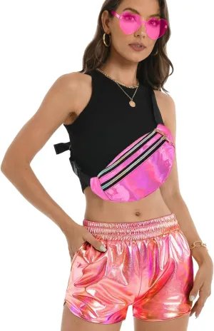 Women's Metallic Shorts Hot Sparkly Rave Shiny Short Elastic Waist Yoga Short Pants Club Party Outfit with Sunglasses