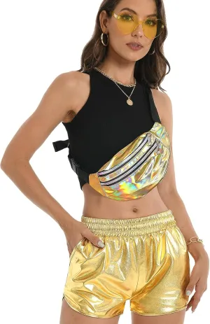 Women's Metallic Shorts Hot Sparkly Rave Shiny Short Elastic Waist Yoga Short Pants Club Party Outfit with Sunglasses