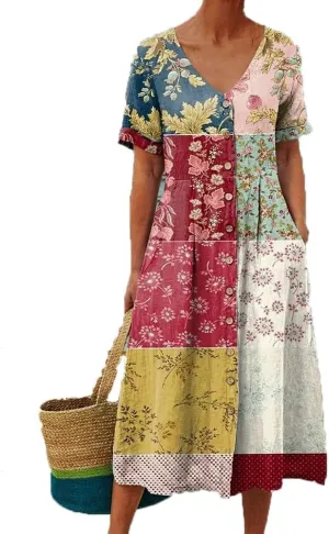 Womens Midi Dresses Summer Casual Floral Short Sleeve Button Down Dress V Neck Patchwork Tiered Sundress
