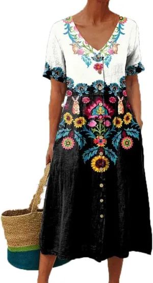 Womens Midi Dresses Summer Casual Floral Short Sleeve Button Down Dress V Neck Patchwork Tiered Sundress