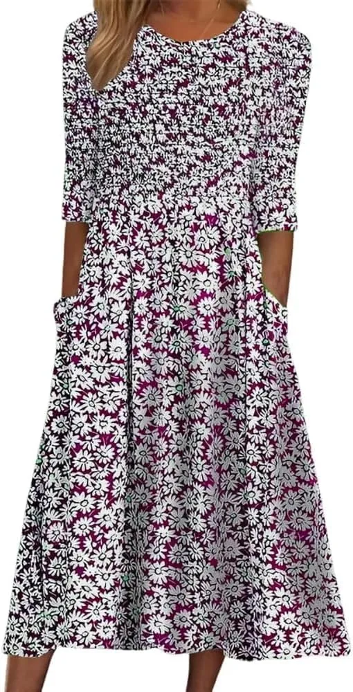 Womens Midi Dresses Summer Casual Floral Short Sleeve Dress Crewneck Ruched Aline Dress with Pockets
