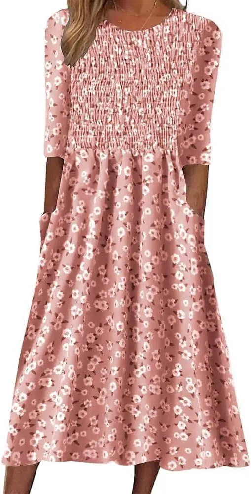 Womens Midi Dresses Summer Casual Floral Short Sleeve Dress Crewneck Ruched Aline Dress with Pockets