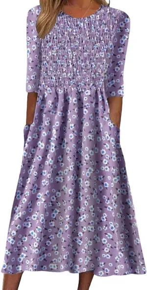 Womens Midi Dresses Summer Casual Floral Short Sleeve Dress Crewneck Ruched Aline Dress with Pockets