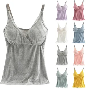 Womens Nursing Tank Tops Built in Bra for Breastfeeding Maternity Camisoles with Pads Sleeveless V Neck Cami Shirts