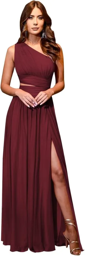 Women's One Shoulder Prom Dresses with Slit Cutout Ruched Birdsmaid Dresses Long Formal Dress with Pockets AN150
