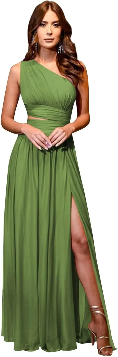 Women's One Shoulder Prom Dresses with Slit Cutout Ruched Birdsmaid Dresses Long Formal Dress with Pockets AN150